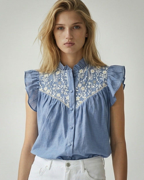 ODELLE | Embroidered Top | Denim Blue
