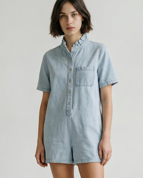 IRIT | Ruffle Short Overalls | Washed Blue