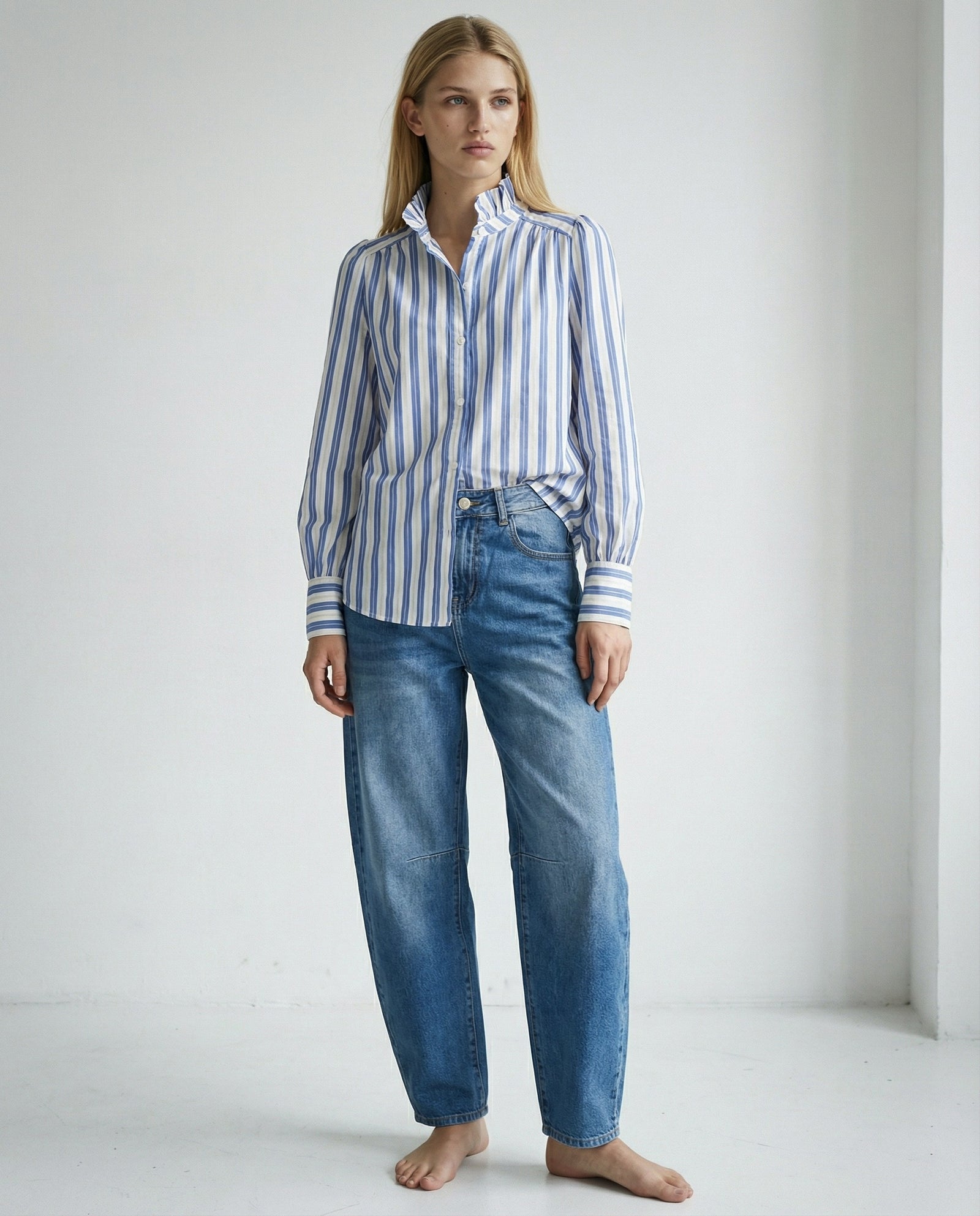 AIYA | Ruffle Collar Striped Shirt | Blue