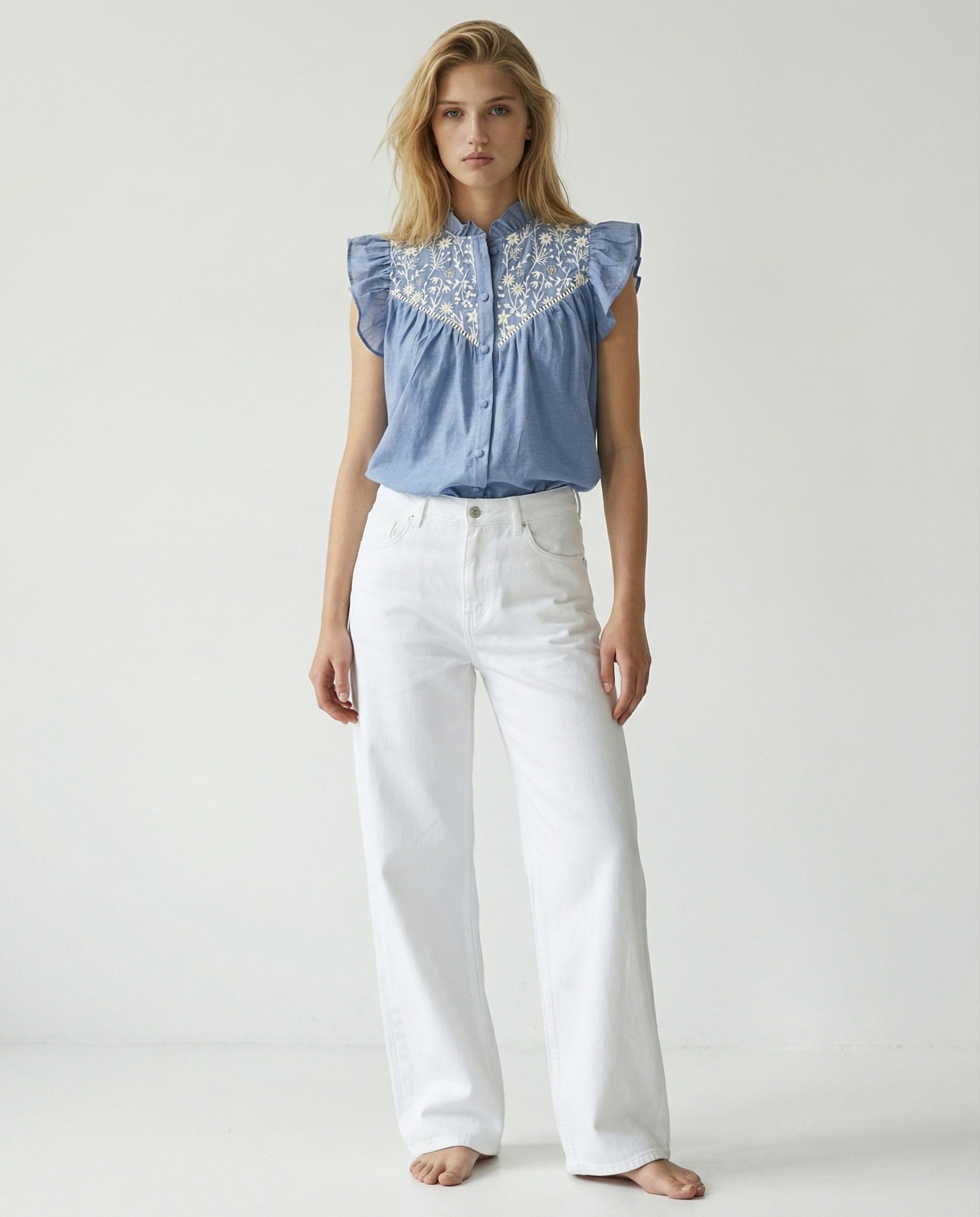 ODELLE | Embroidered Top | Denim Blue