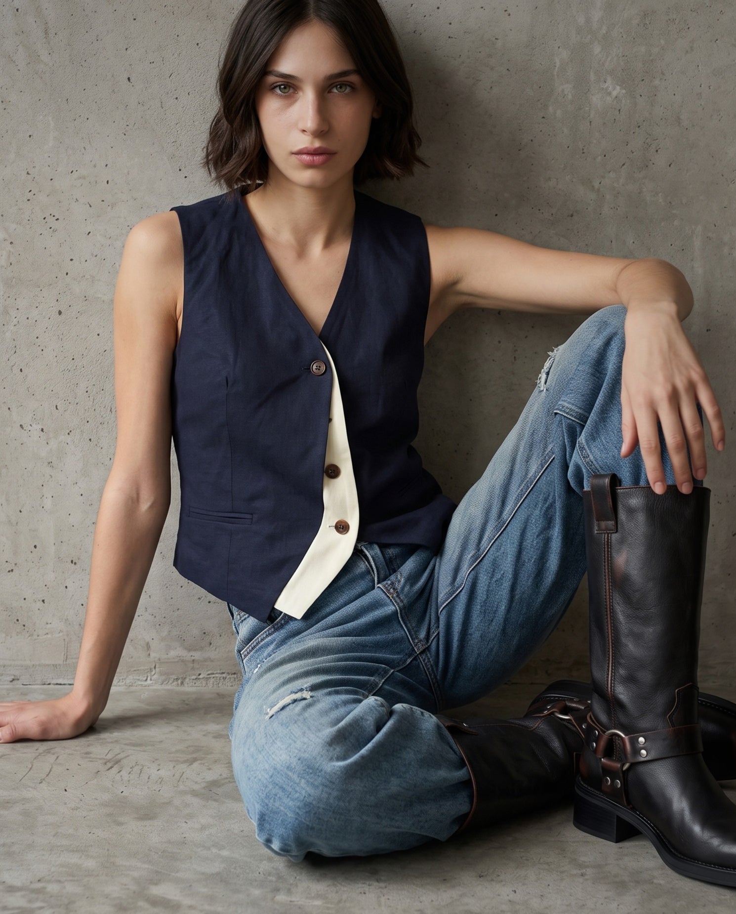 NINA | Contrast Waistcoat | Navy/Ecru