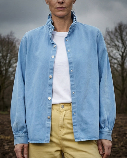 ZARI | Ruffle Collar Overshirt | Washed Pale Blue