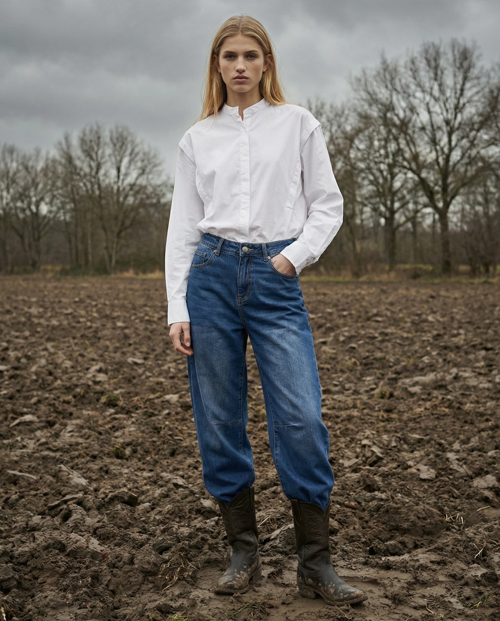 MAYTAL | Collarless Shirt with Panel Front | White