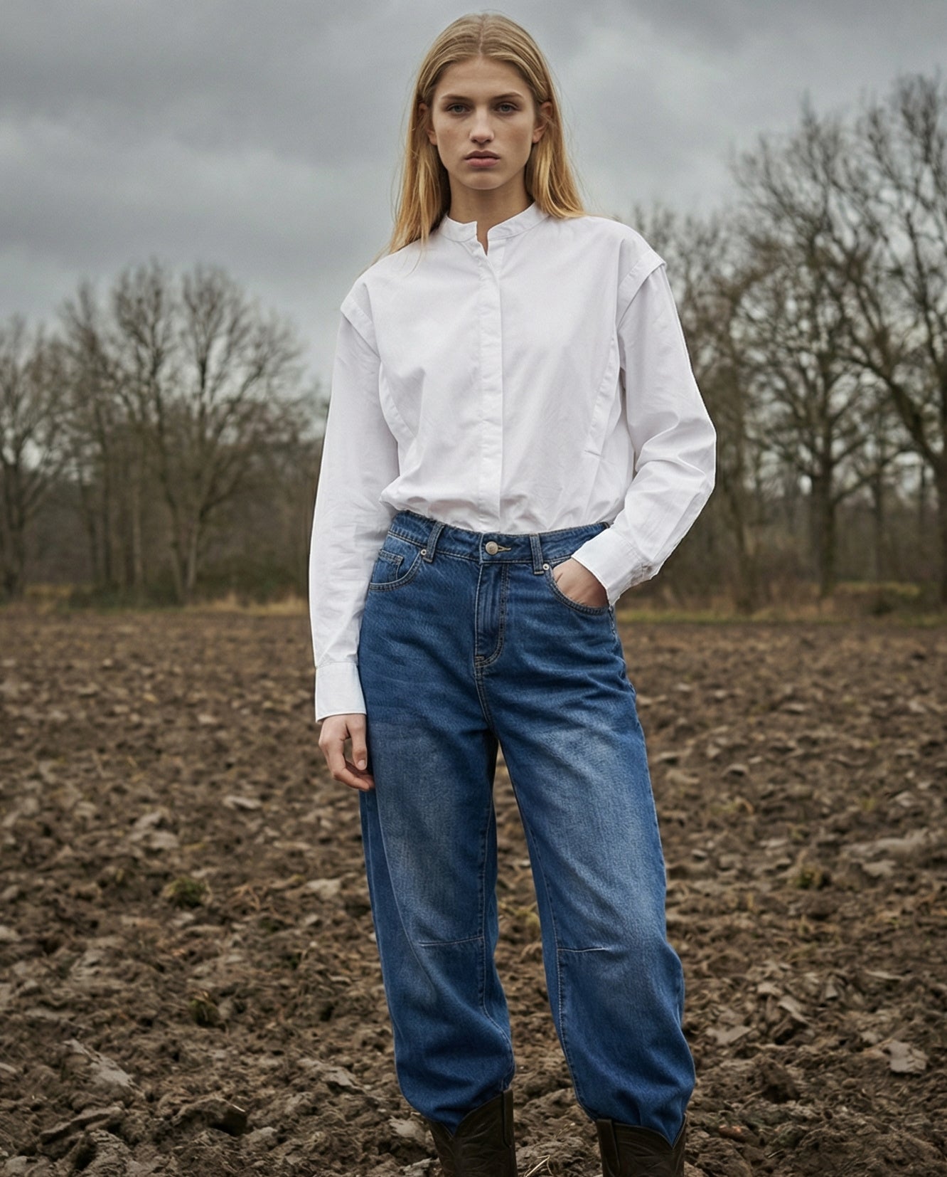 MAYTAL | Collarless Shirt with Panel Front | White