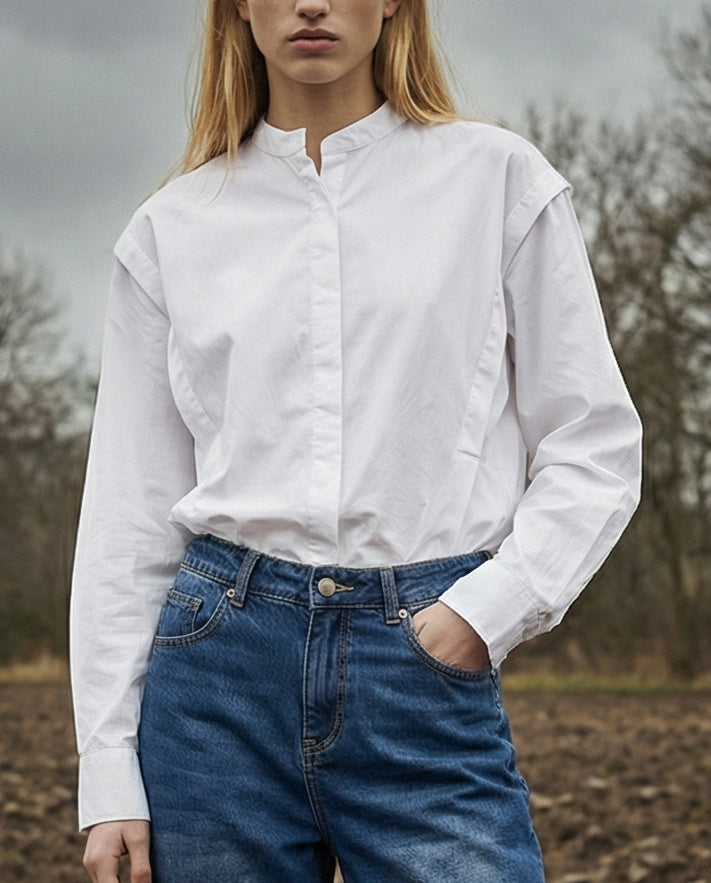 MAYTAL | Collarless Shirt with Panel Front | White