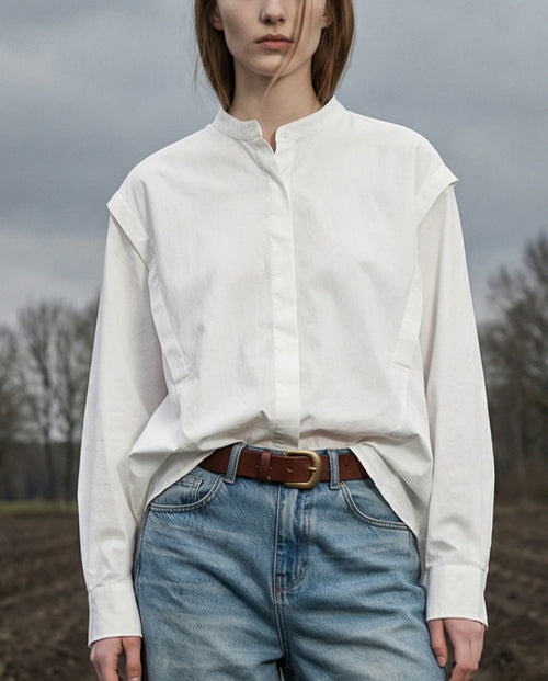 MAYTAL | Collarless Shirt with Panel Front | White
