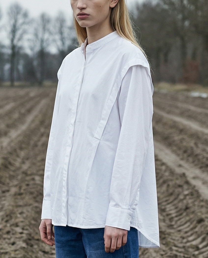 MAYTAL | Collarless Shirt with Panel Front | White
