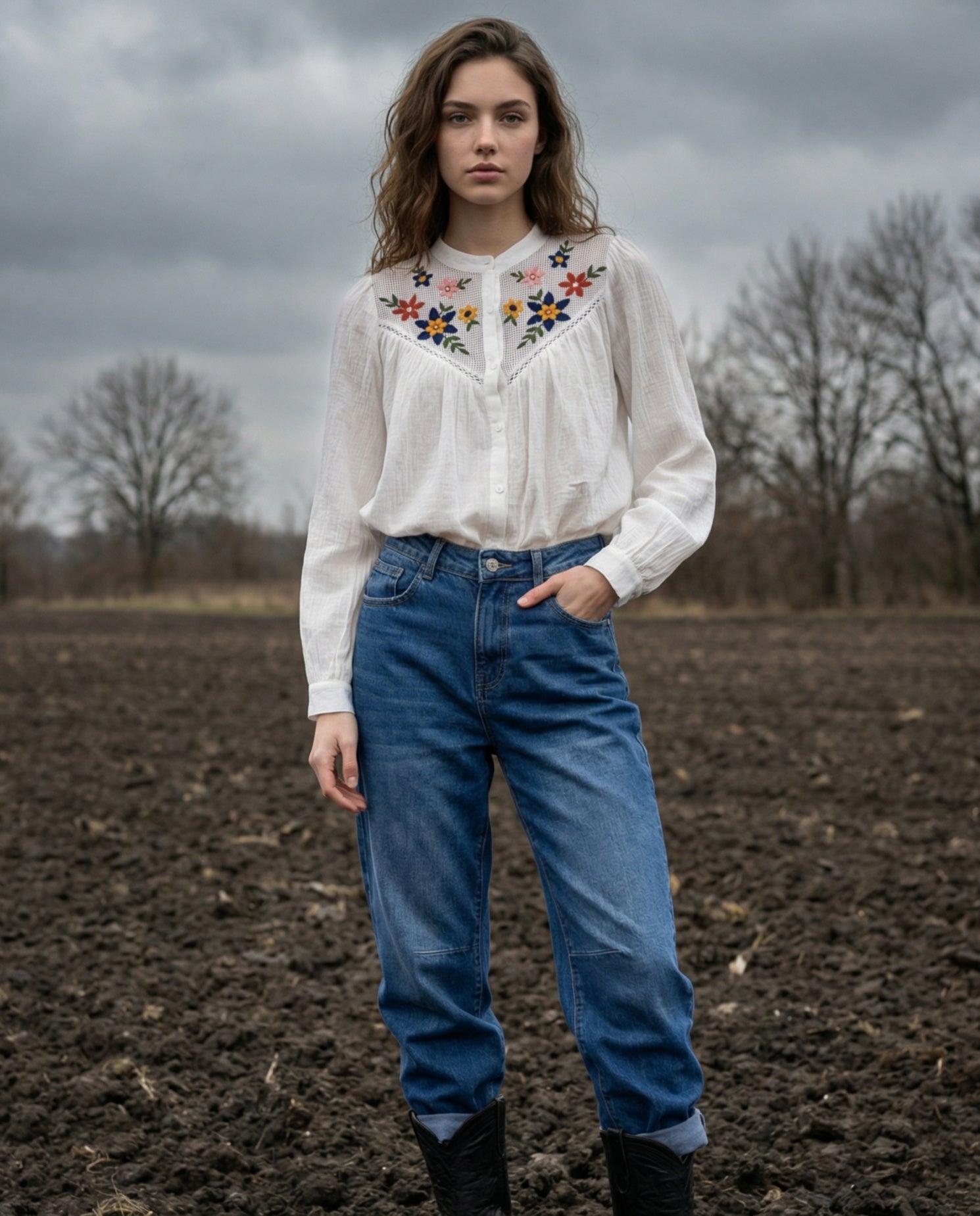 ALIZA | Embroidered Collarless Shirt | Off White