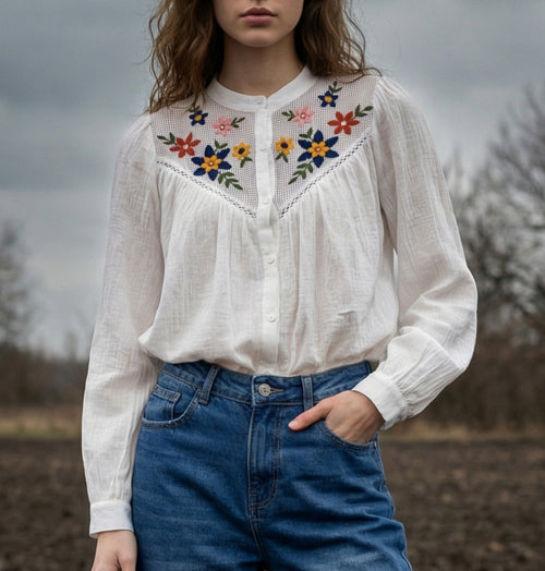 ALIZA | Embroidered Collarless Shirt | Off White
