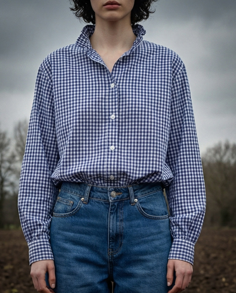 HALI | Ruffle Collar Shirt Blue Check | Blue & White