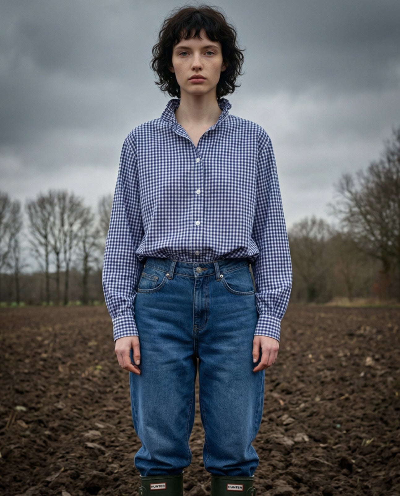 HALI | Ruffle Collar Shirt Blue Check | Blue & White