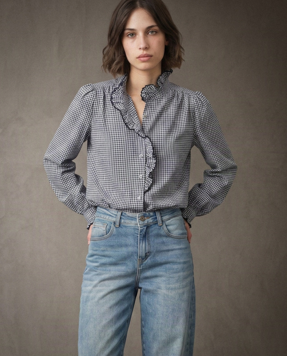 EVIE | Ruffle Collar & Placket Shirt | Navy