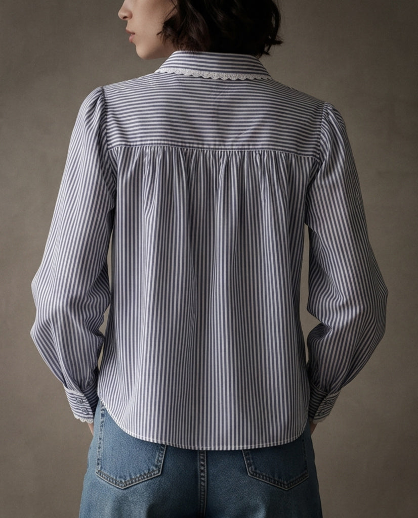 REMI | Lace Trimmed Shirt | Navy Stripes