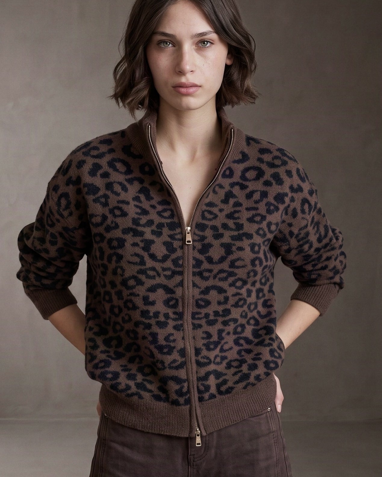 SYLVIE | Leopard Zip Cardigan | Chocolate