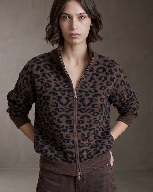 SYLVIE | Leopard Zip Cardigan | Chocolate