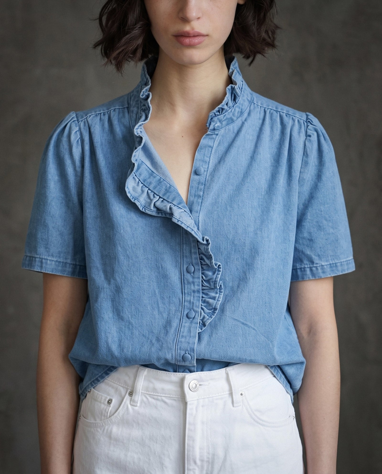 NOA | Ruffle Collar Shirt | Washed Denim