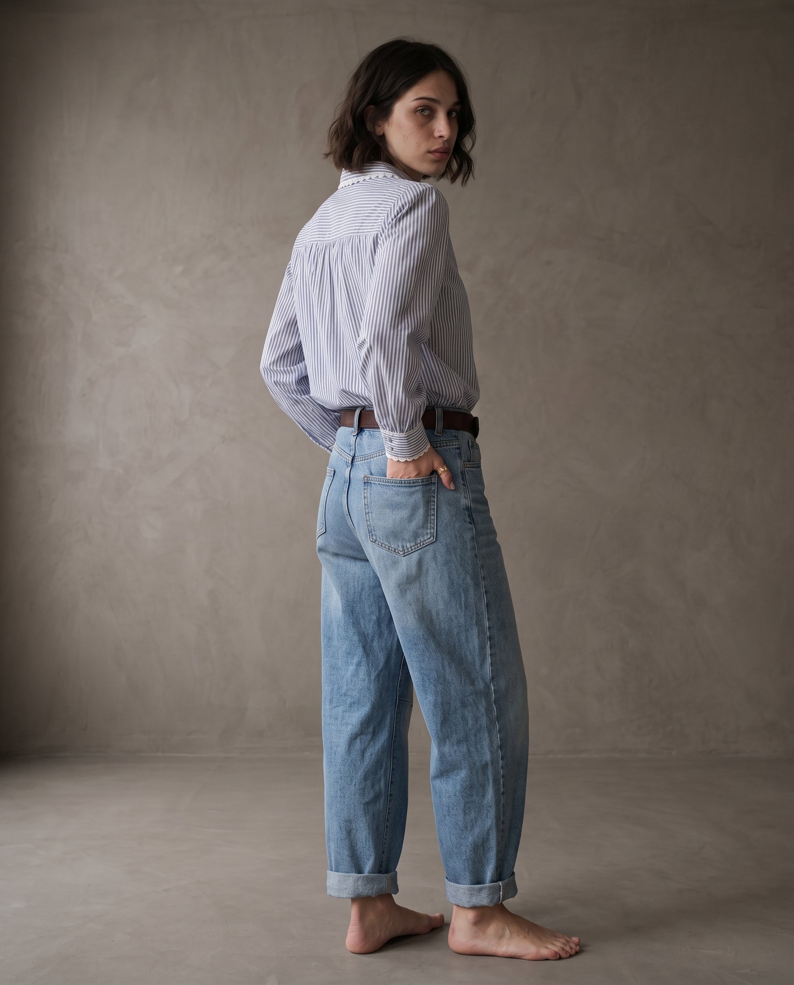 REMI | Lace Trimmed Shirt | Navy Stripes