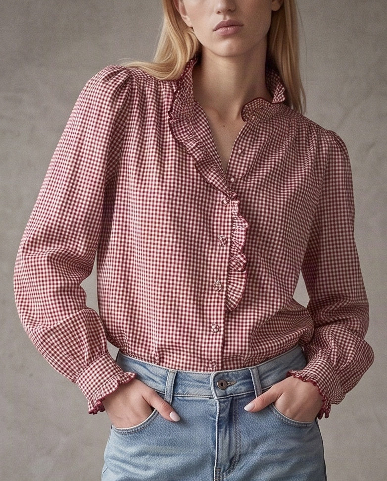 EVIE | Ruffle Collar & Placket Shirt | Burgundy