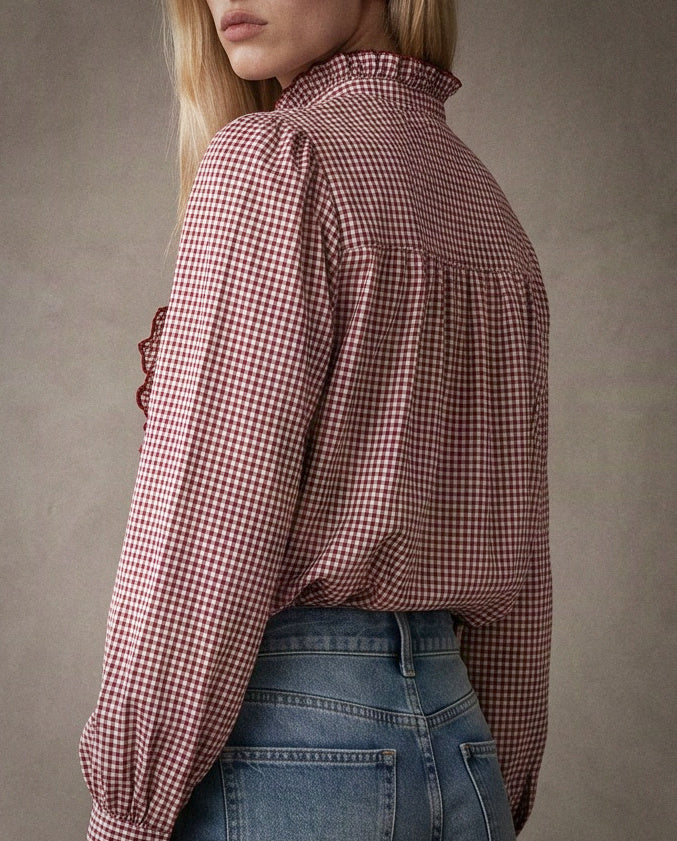 EVIE | Ruffle Collar & Placket Shirt | Burgundy