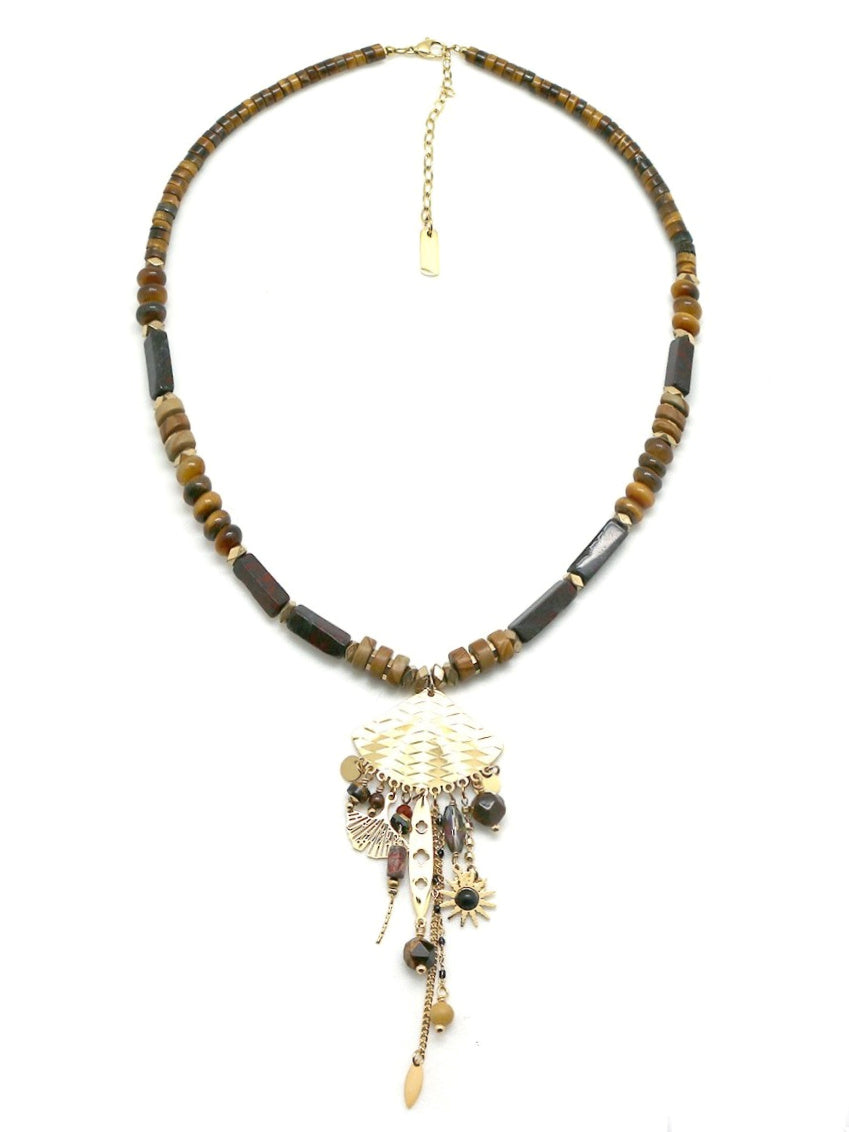 Stone Beaded & Fan Pendant Necklace