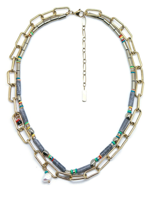 Chain,Turquoise & Stone | Two Layer Necklace | Gold