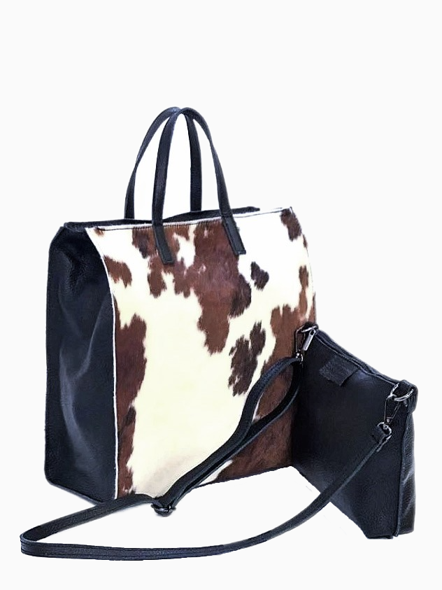 Melanu | Cowhide Leather Shopper Bag | Brown & White
