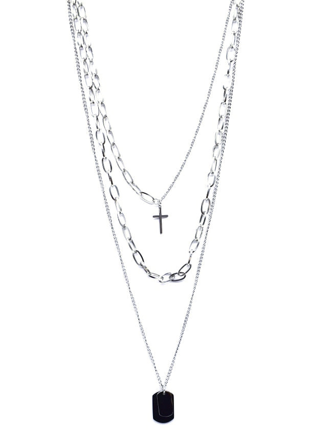 Dogtags & Cross Layered Necklace | Silver