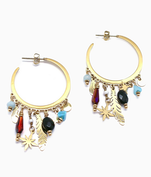 Turquoise, Stone & Metal Drops | Hoop Earrings | Gold