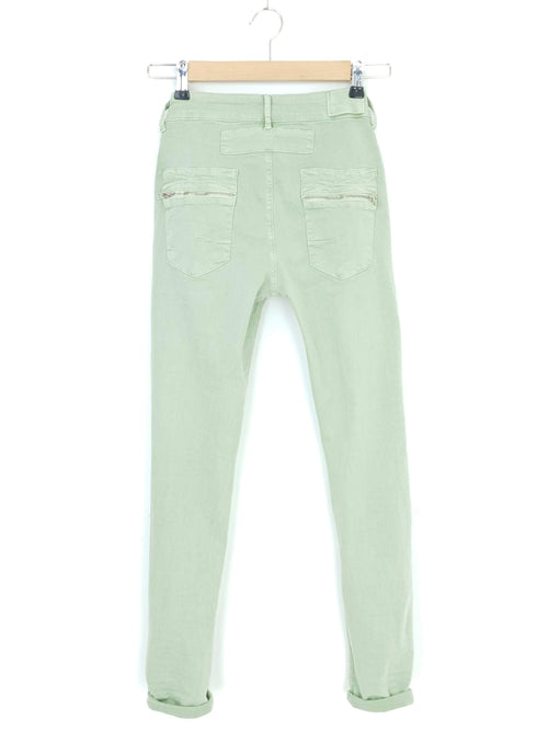 INGA |  Skinny Jeans with Zip & Buttons | Pale Green