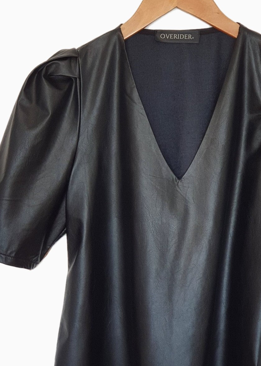 ELOISE - Vegan Leather V Neck Top - Black