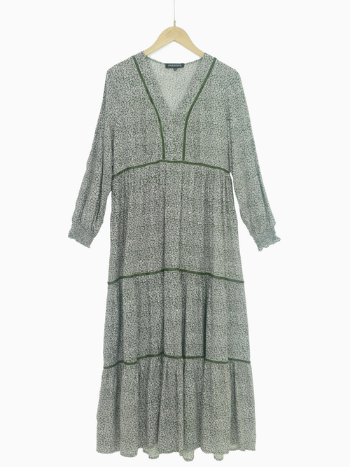 KATO | Patterend Long Dress with Trim | Green