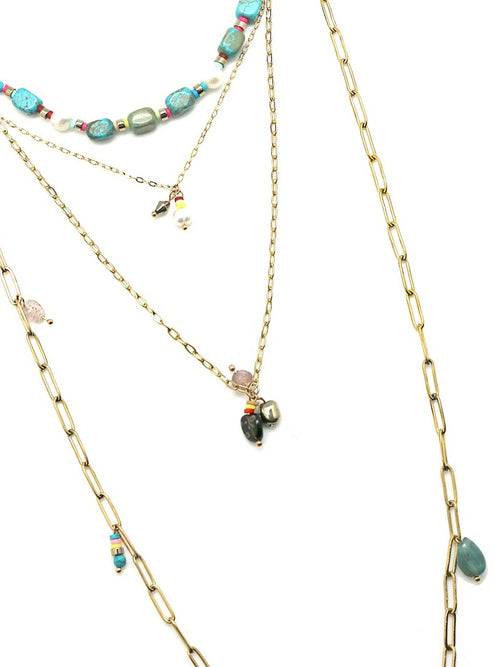 Turquoise & Chain | Four Layer Necklace | Gold