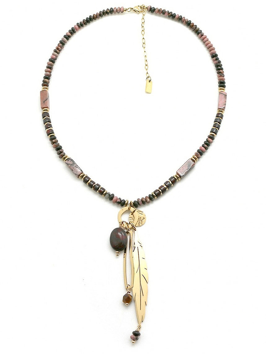 Stone Beaded & Feather Necklace