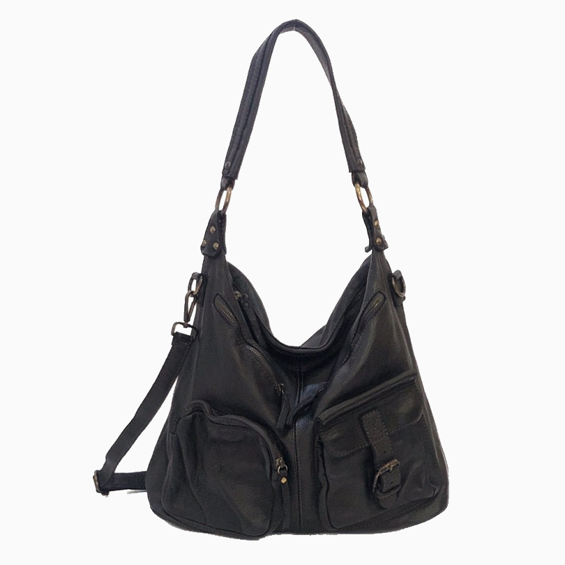 ALLISA | Washed Leather Shoulder Bag | Black