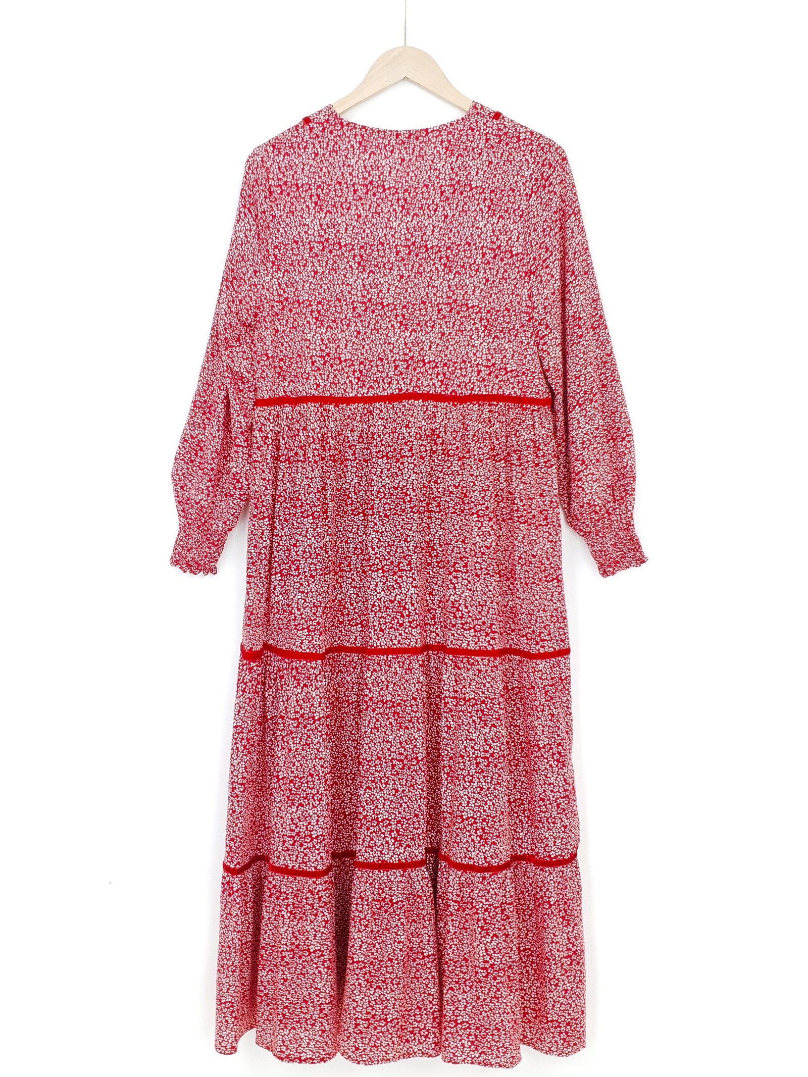 KATO | Patterend Long Dress with Trim | Red