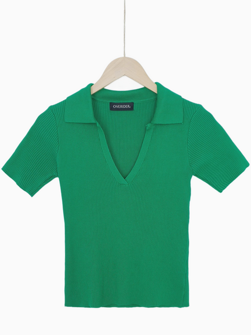 TEONA  | V Neck | Short Sleeve | Collared Top | Green